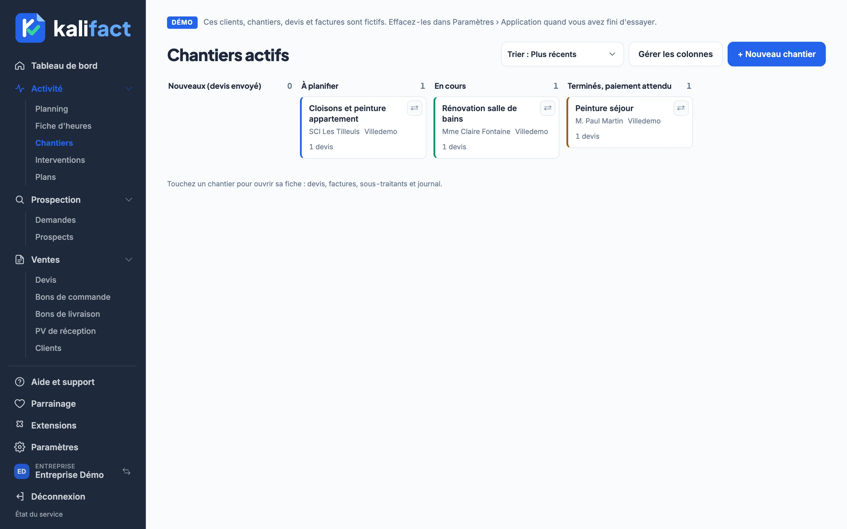 Chantiers dans l'application Kalifact (données de démonstration)