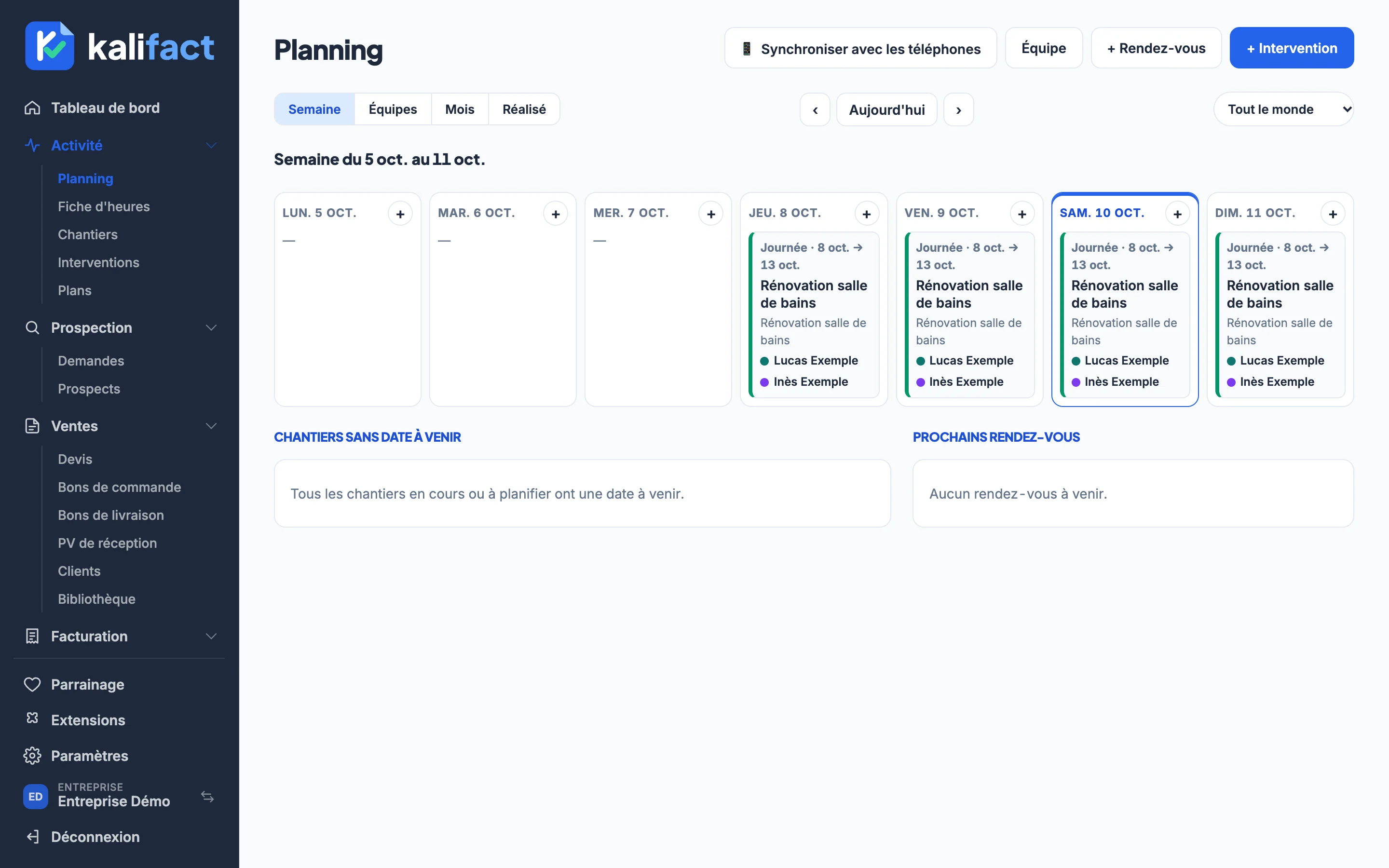 Planning dans l'application Kalifact (données de démonstration)