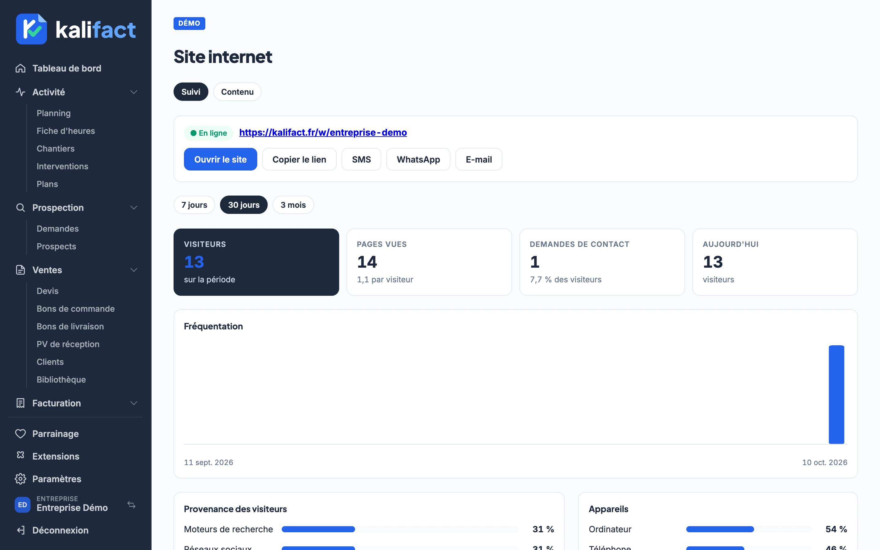 Site internet dans l'application Kalifact (données de démonstration)
