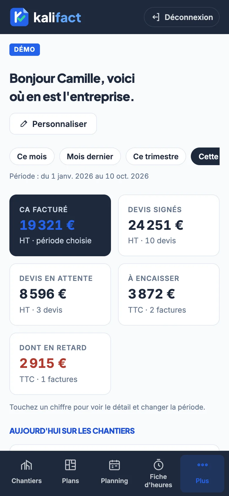 L'application sur téléphone (données de démonstration)